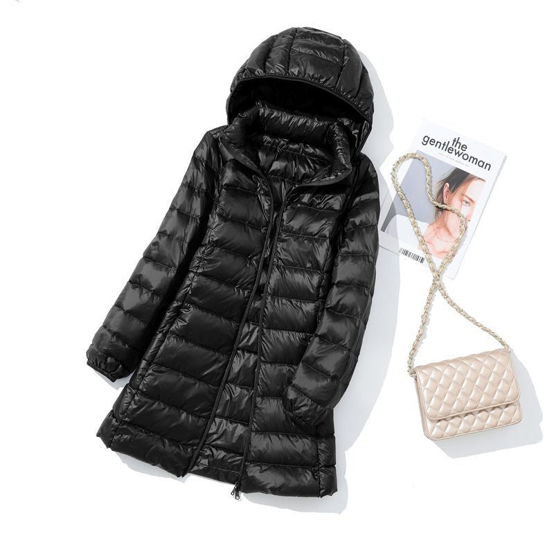 Hoody Long White Duck Down Coat Autumn Winter Portable Hooded Puffer Down Jacket Women Casual Double Zipper Windproof Thin Light