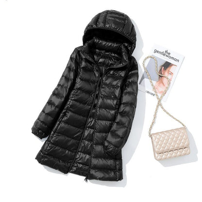 Hoody Long White Duck Down Coat Autumn Winter Portable Hooded Puffer Down Jacket Women Casual Double Zipper Windproof Thin Light