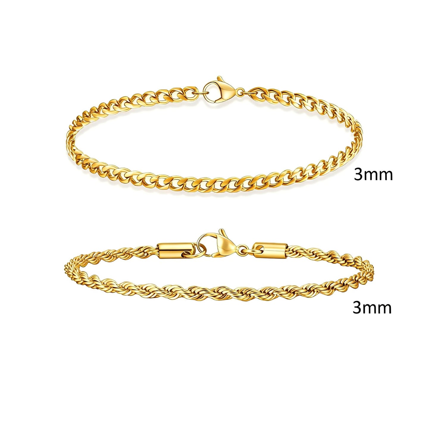 2 Pulseiras Masculinas de Corrente, Aço Inoxidável Prata Ouro Cor Preta, Corrente de Corda Torcida, Pulseira, Correntes Cubanas Modernas de Presente