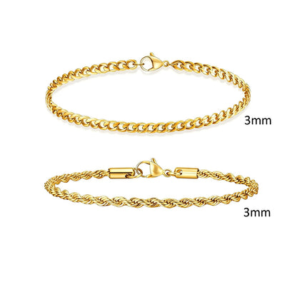 2 Pulseiras Masculinas de Corrente, Aço Inoxidável Prata Ouro Cor Preta, Corrente de Corda Torcida, Pulseira, Correntes Cubanas Modernas de Presente
