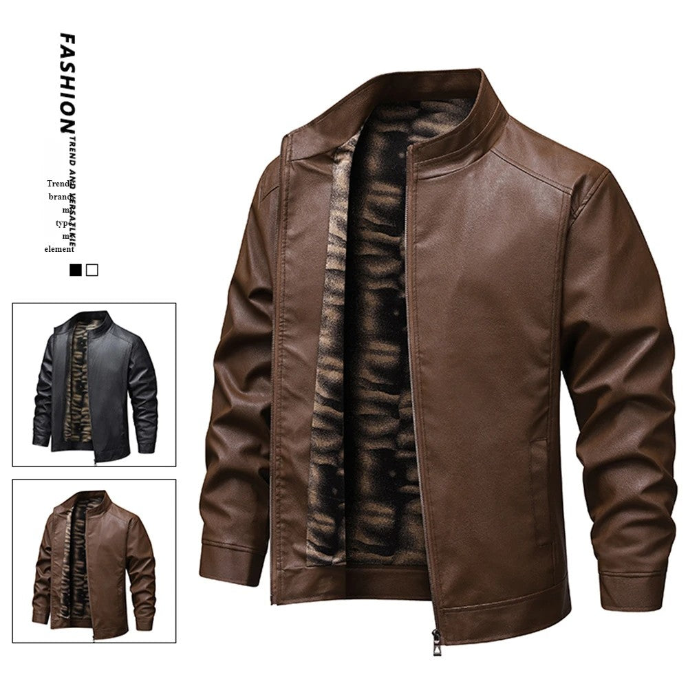 2025 New Men's autumn thin velvet leather jacket, warm and retro men's motorcycle jacket, outdoor casual PU leather jacket