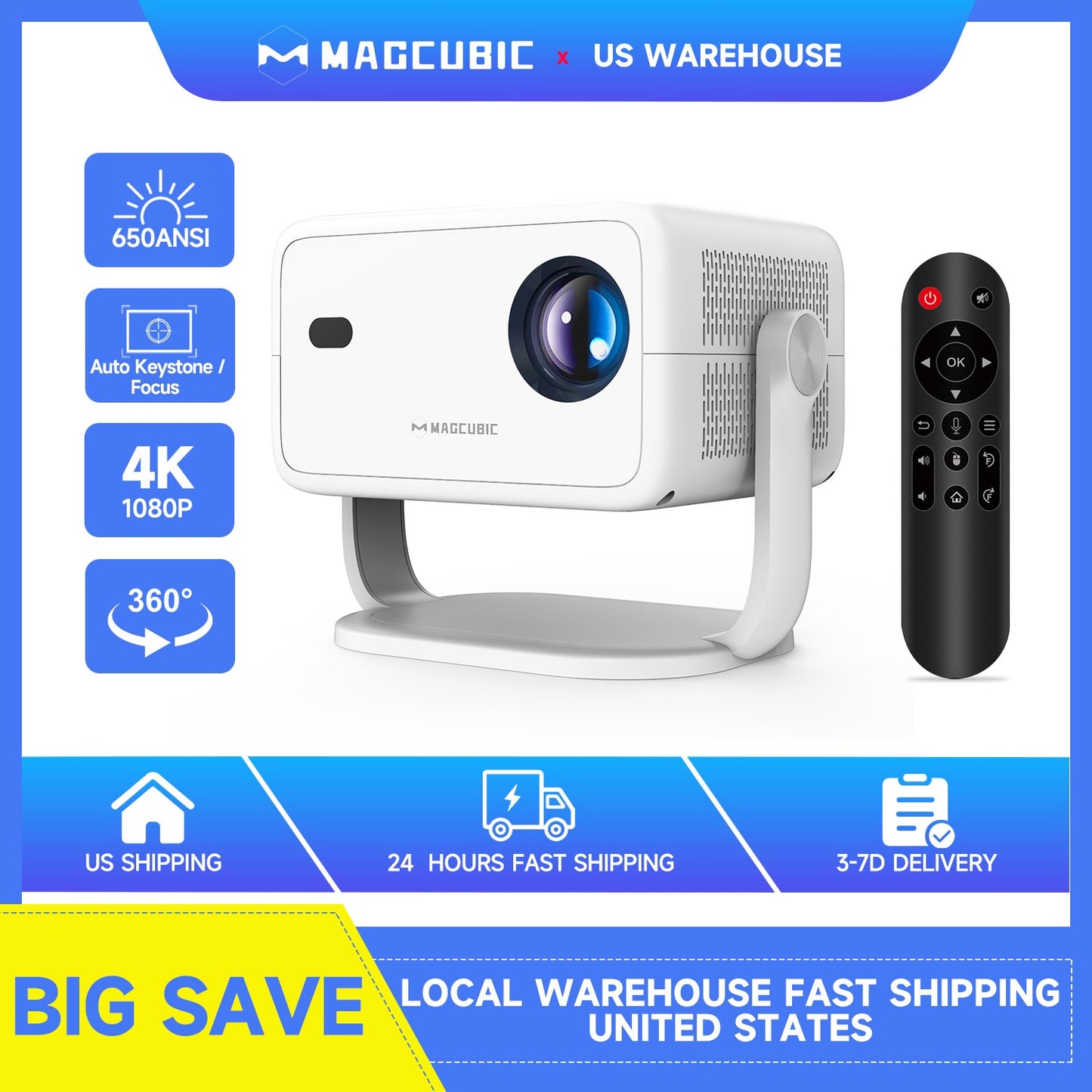 Projetor Magcubic 650ANSI L018 4K Nativo 1080P Foco Automático e Correção de Keystone Android11 BT5.2 WIFI6 Cinema Doméstico Portátil 360°