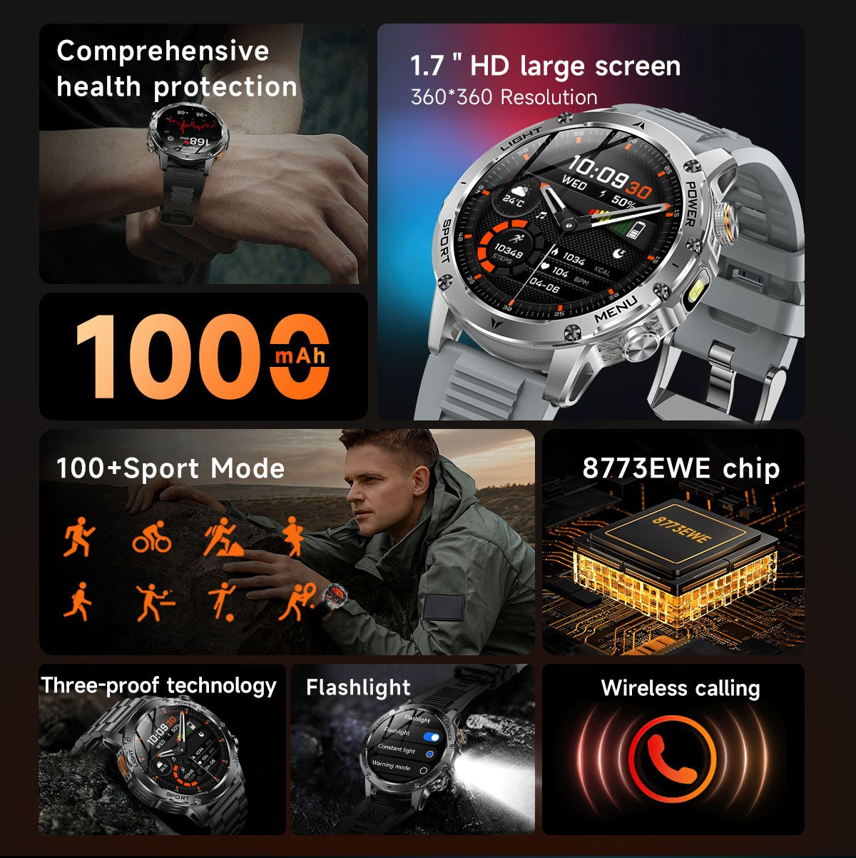 Smartwatch Militar Novo 2025 Bateria 1000mAh Monitoramento Fitness 10ATM À Prova D'Água Táticas Esportivas Lanterna Pulseira para Chamadas Masculino