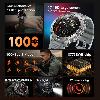 Smartwatch Militar Novo 2025 Bateria 1000mAh Monitoramento Fitness 10ATM À Prova D'Água Táticas Esportivas Lanterna Pulseira para Chamadas Masculino