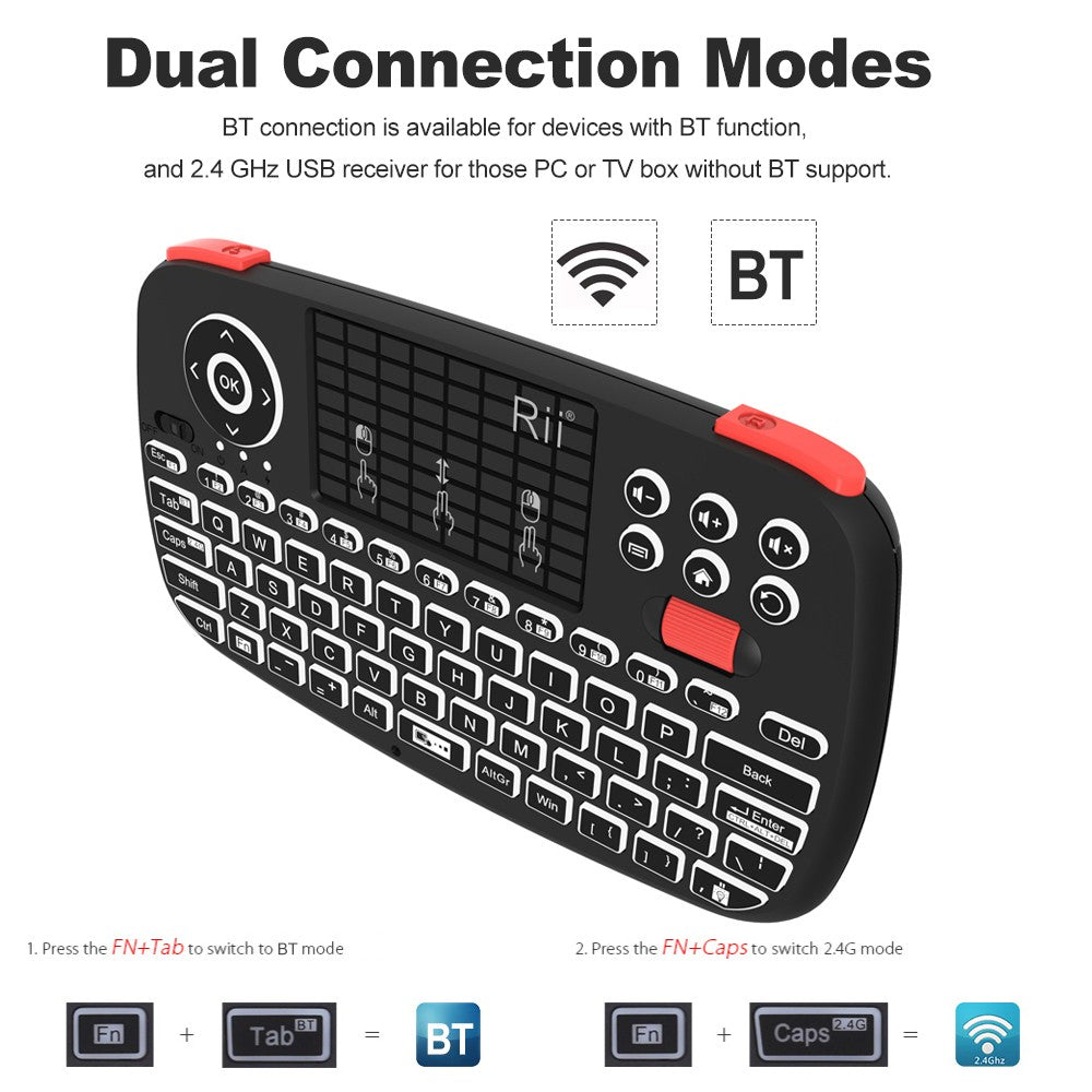 Teclado Sem Fio Bluetooth Rii i4 Mini Com Touchpad 2.4GHz Retroiluminado Mouse Controle Remoto Para Windows Android TV Box Smart TV