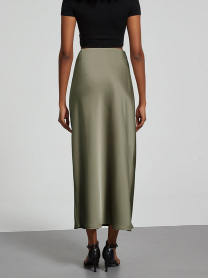 Fashion Satin Party Long Skirt High Waist Solid Color Casual Basic Women Skirts