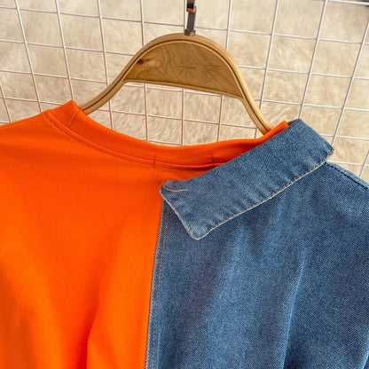 XFPV Women's Sweet high Waist Wrap Belt Round Neck patchwork Denim Shirt  Chic Top Y2k Korean Fashion Spring Summer 2025 SM11327