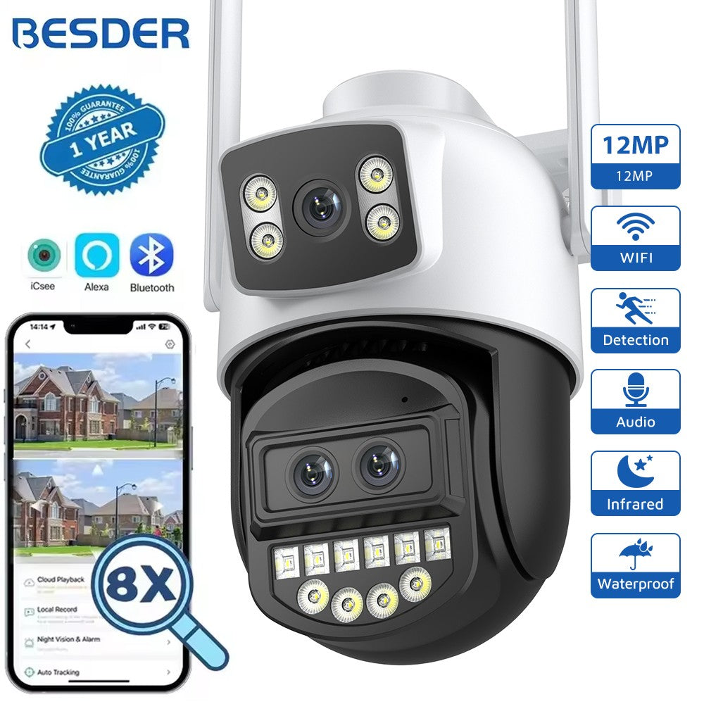 BESDER 12MP 6K PTZ Wifi Camera Dual Lens 8X Digital Zoom AI Human Detection Outdoor 8MP CCTV IP Camera Security Protection iCSee