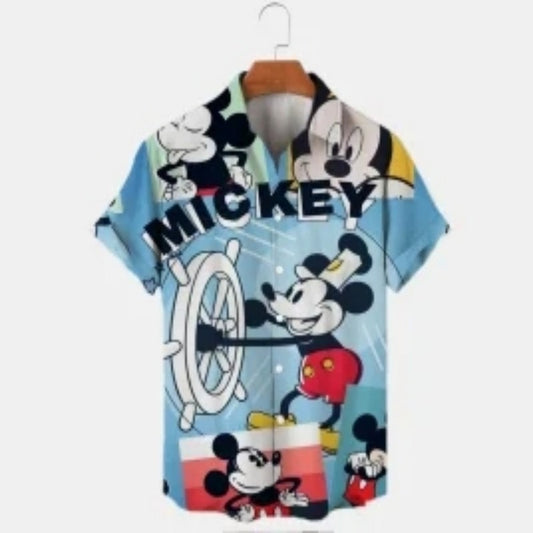 2023 Summer New Men's Casual Trend Fashion Cartoon Mickey Mouse Goofy Needle Harajuku Summer Top Men's Lapel Short Sleeve Shirt