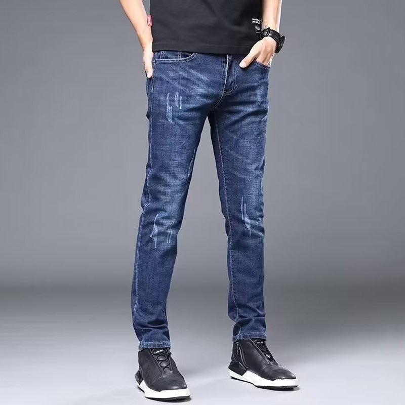 Men's Stylish Classic Business Casual Jeans Four Seasons Wear Black Blue Pants Middle-waist Leggings Denim Fabric Trousers Male