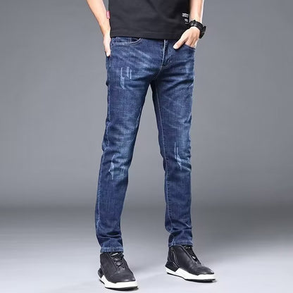 Men's Stylish Classic Business Casual Jeans Four Seasons Wear Black Blue Pants Middle-waist Leggings Denim Fabric Trousers Male