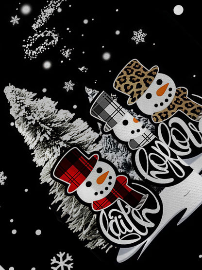 2025 New Snowman & Christmas Print Short Sleeve Dress Black with White Snowflakes & Red Hats Women's A-Line Dress Party Outfit