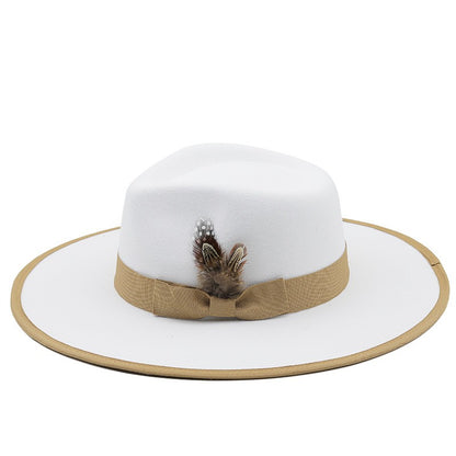 European American Fashion Feather Felt Jazz Hat Flat Wide Brim Bordered Formal Hat for Women and Men Elegant Style