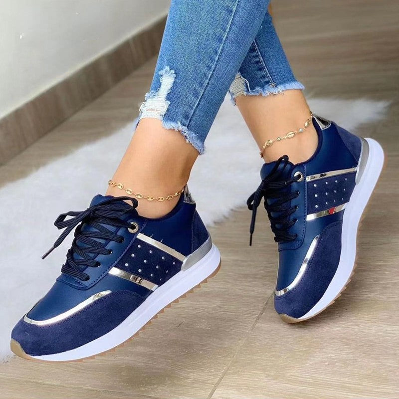 Tênis Feminino Plataforma Patchwork Couro Casual Esportivo Sapatilhas para Mulher