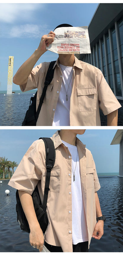 Summer Basic Shirts for Men 2025 New Half Sleeve Cargo Shirts Loose Casual Lapel Cardigan Tops Male Shirt Coats Retro Streetwear