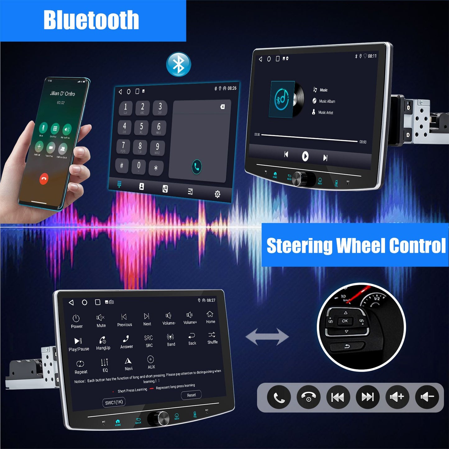 ESSGOO Single 1 Din Android 14.0 Rotatable 10.1" Apple Carplay Car Stereo Radio Player GPS Navi WIFI Wireless Android Auto FM BT