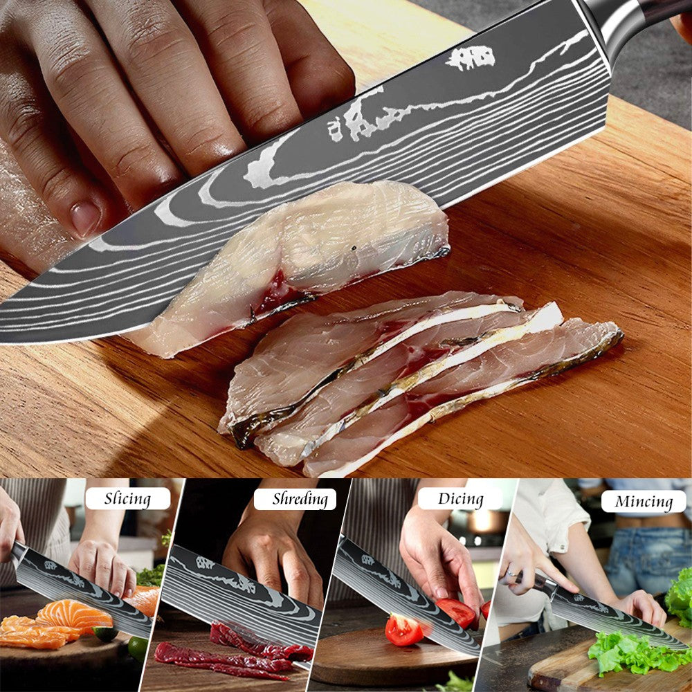 MDHAND Conjunto de Facas de Cozinha 7CR17 8 Peças Aço Inoxidável Afiado Faca de Chef para Fatiar Carne Cutelo Padrão de Damasco a Laser Faca de Chef Afiada