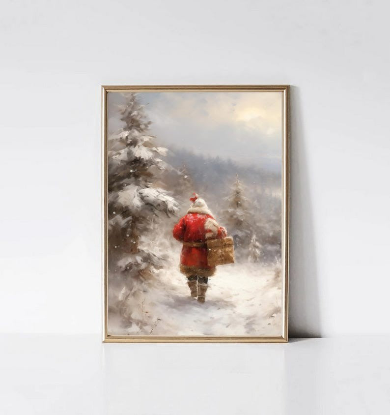 Santa Claus Christmas Tree Canvas Print Snow Landscape Paint Winter Christmas Wall Art Poster for Modern Living Room Home Decor