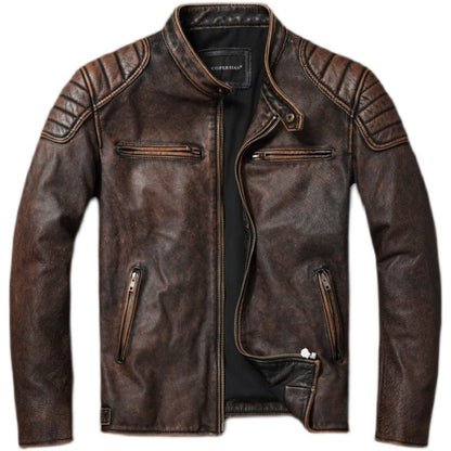 Vintage Heavyweight Cowhide Jacket, Distressed Genuine Leather Coat for Men with Stand Collar, Biker Motorcycle Leather Jacket