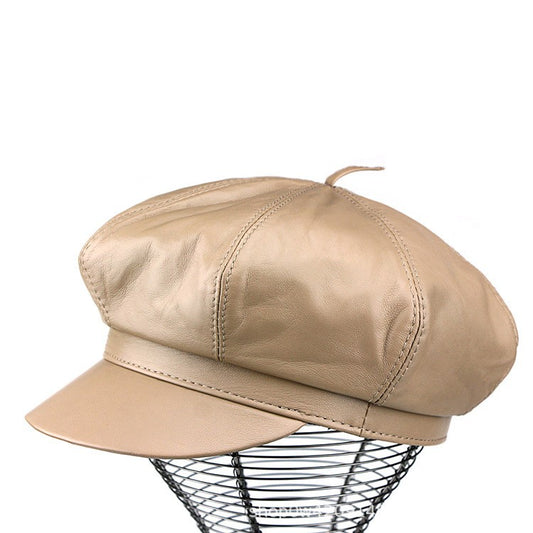 Autumn Winter Women's Genuine Sheep Leather Octagonal Beret | Leopard Print Trendy Painter Hat Celebrity Style Versatile Cap
