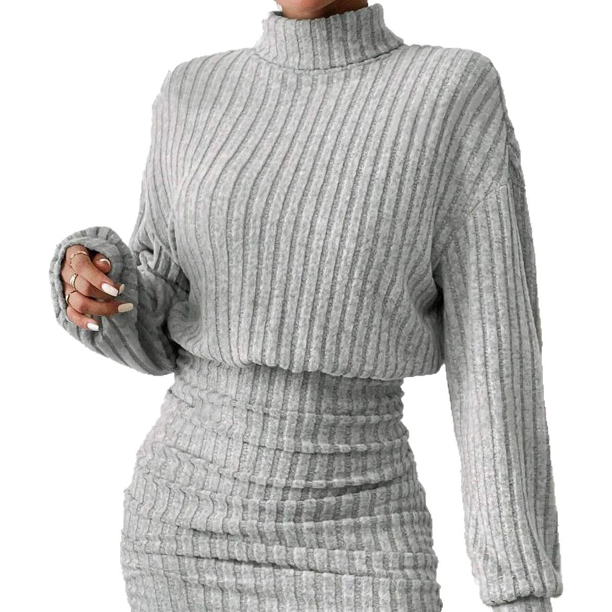 The new autumn style of the tight-fitting long-sleeved high-neck striped knitted sexy dress