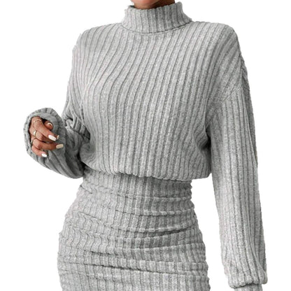 The new autumn style of the tight-fitting long-sleeved high-neck striped knitted sexy dress