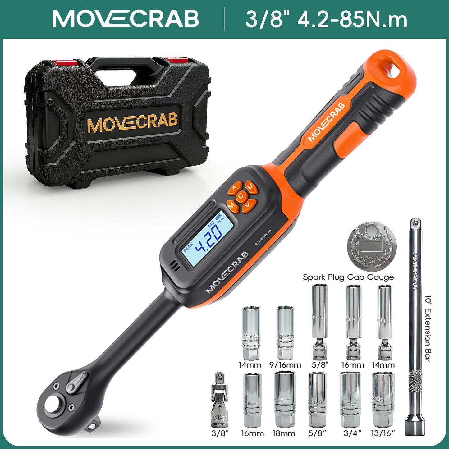 Chave de Torque Digital MOVECRAB 1.5-340 N.m com Valores Predefinidos, Precisão de 2%, Buzzer e Notificação por Flash LED