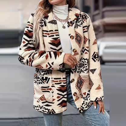 Autumn Winter Women Puff Breasted Warm Hoodies Jacket Women Casual Thick Plush Long Sleeve Coat Women Print Pocket Outerwear