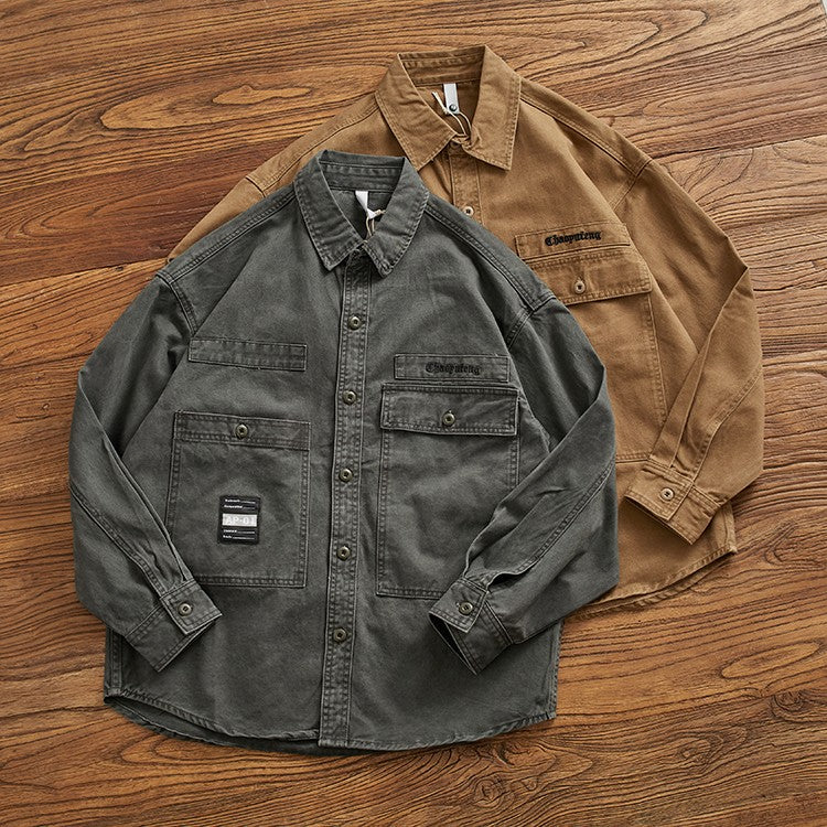 Heavy cargo shirt for men retro shirt for men pure cotton wash to do old loose casual long-sleeved coat for men
