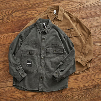 Heavy cargo shirt for men retro shirt for men pure cotton wash to do old loose casual long-sleeved coat for men