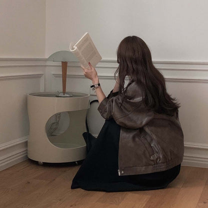 Sli Loose PU Leather Jaet Women's Chic Retro Collar Versatile BF Sle Motorcycle Clothes Trendy Long Sve Zipper