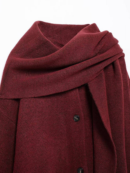 Women's Fashion Scarf Short Knit Coat Jacket Loose Warm Long Sleeve Two Pieces Solid Color High Street O-Neck Outerwear