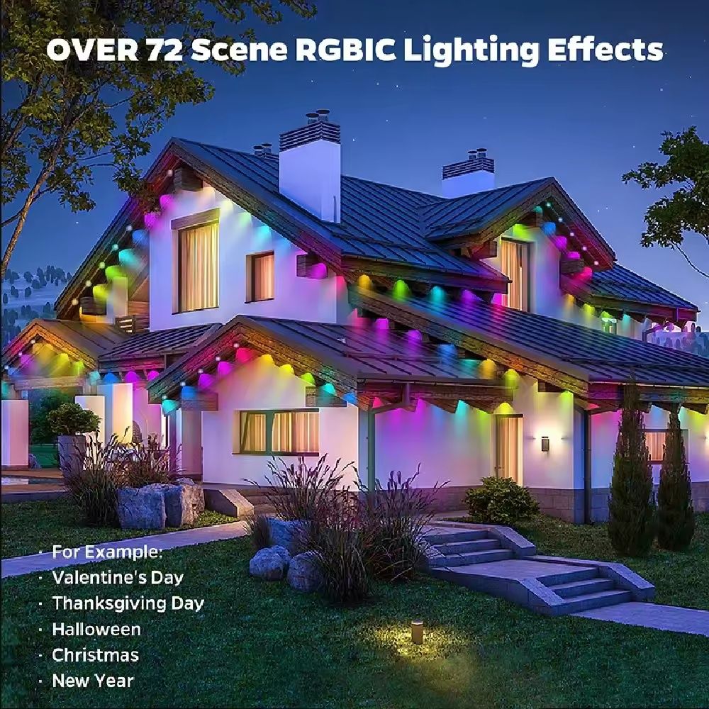 ? RGBIC Permanent Outdoor Lights PRO IP67 Waterproof LED Eave Lights Bluetooth APP Remote Control Music Sync DIY Scene Outdoor House Roof Christmas Decor String Lights