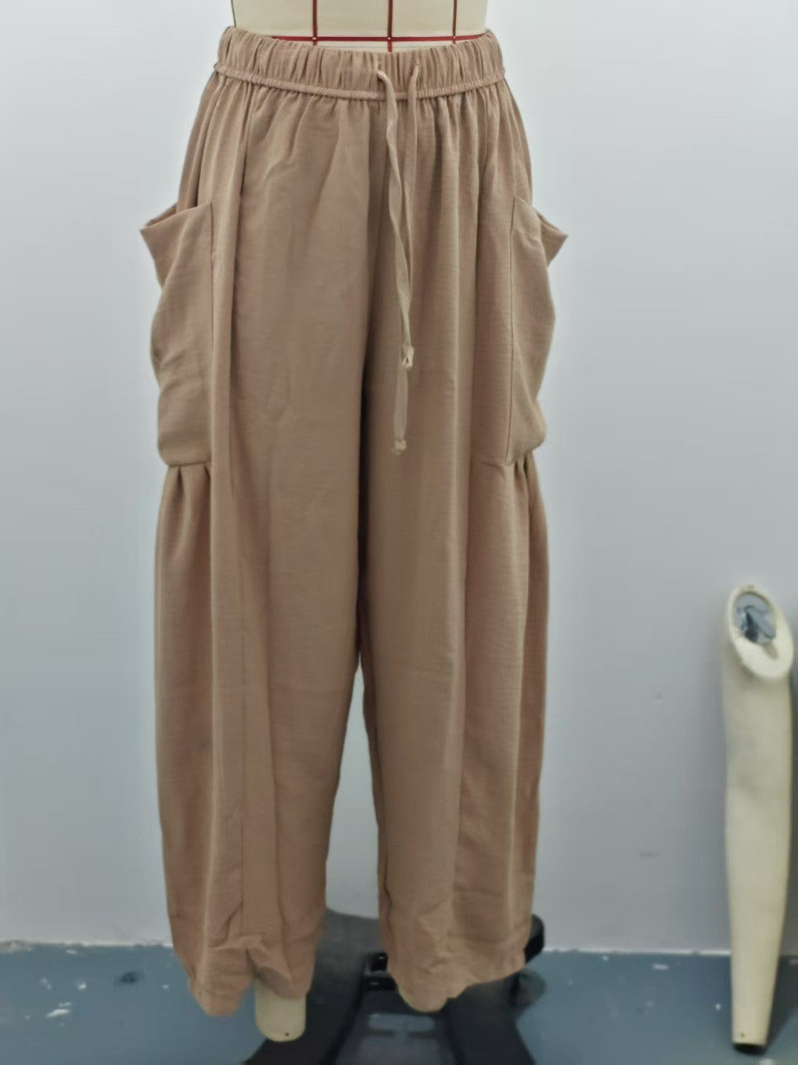 Women's Stretched-waist Pleated High-waisted Wide-leg Trousers Spring Autumn Fashion Cotton Linen Pocket Casual Trousers Woman