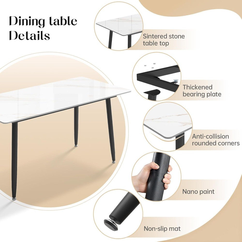 Modern Rectangular White Laminate Marble Sintered Stone Dining Table with Metal Legs for Indoor and Outdoor Kitchen Use