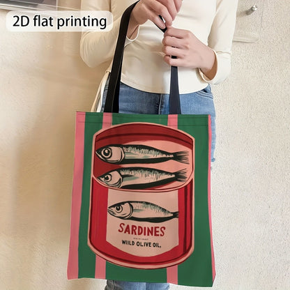 1pc Canned Sardines Durable Polyester Tote Bag - High-Quality Printed Design, Ideal for Work, Travel