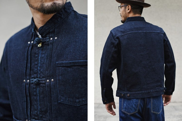 Sauce Zhan Mens Jacket Indigo Selvedge Denim Jacket Jean Jacket Men Vintage Chinese Style Knot Button Loose Fit