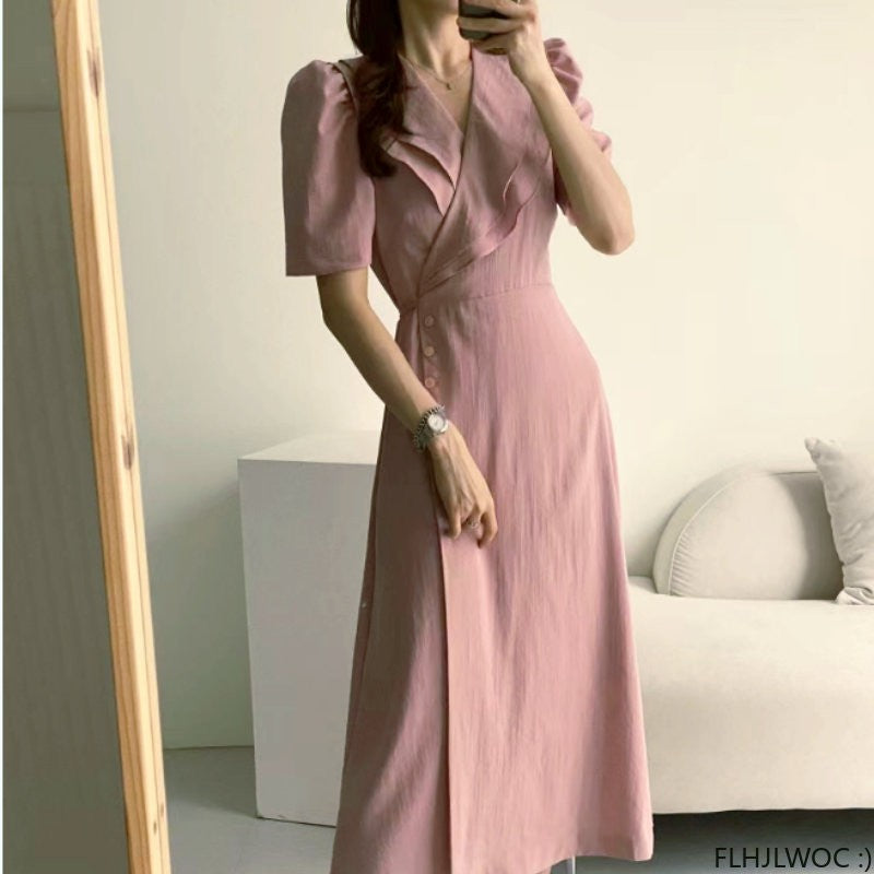 South Korea Chic Midi Dress Women Summer Japan Style Retro Vintage Design Ruffle