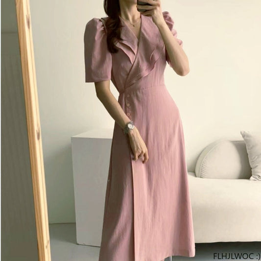 South Korea Chic Midi Dress Women Summer Japan Style Retro Vintage Design Ruffle