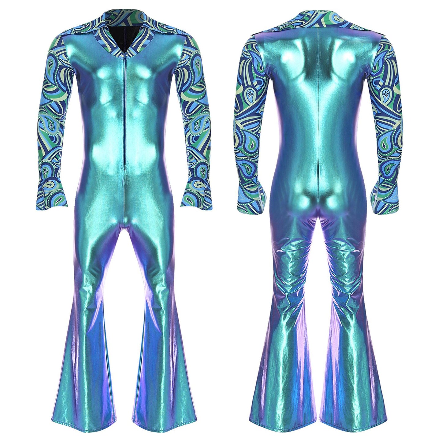 Men Bell Bottom Pants Jumpsuit Rompers Vintage 80s Disco Hippie Costume for Rock Jazz Dancewear Musical Theme Party Dress-up
