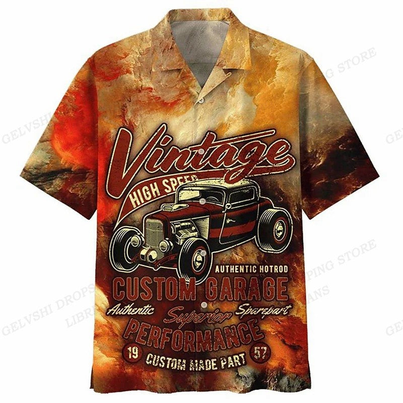 Men's Hawaiian Shirt Car Graphic Print Shirts Men Fashion Casual Beach Blouse Vocation Lapel Motorcycle Camisa