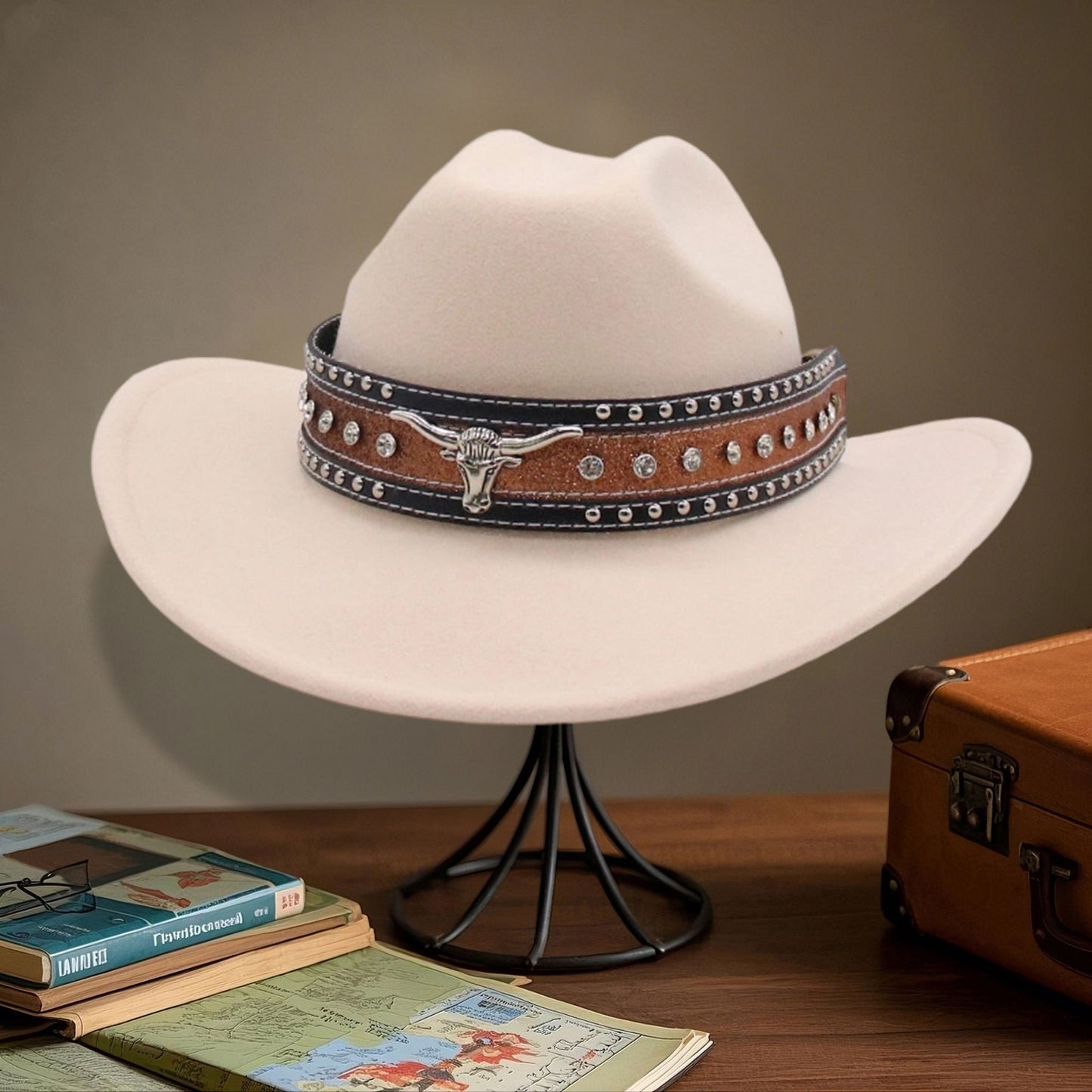 Fashionable Wide Brim Hat with Rhinestone Bull Belt - Trendy Cowgirl Cap for Men and Women Perfect for Outdoor Activities