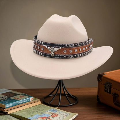 Chapéu Fashion de Aba Larga com Cinto de Touro com Strass - Boné de Vaqueira Moderno para Homens e Mulheres Perfeito para Atividades ao Ar Livre