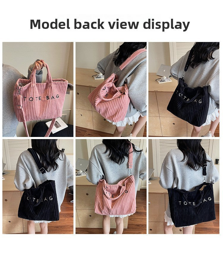 Large Capacity Striped Velvet Handbag Shoulder Bag for Woman Handbags Crossbody Bags, Versatile Letter Corduroy Women's Tote Bag