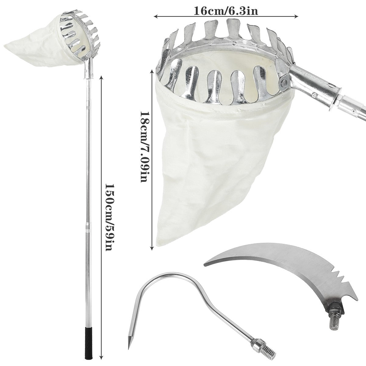 3.2M Fruit Picker Tool Metal Gardening Orchard Picking Tool with Storage Bag Fruit Catcher for Cherry Berry Orange Lemon Pear