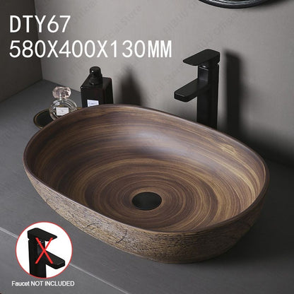 Cuba de Cerâmica Marrom para Lavatório de Banheiro Oval Artística para Mesa de Banheiro, Bacia de Lavar Roupa para Varanda, Bacia de Pedestal Acima do Balcão