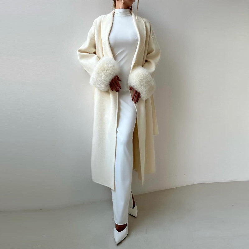 Elegant Faux Fur Cuffs Woolen Coat With Belt For Women Fashion Lapel Long Sleeve Lace Up Maxi Jacket Lady 2025 Autumn Outerwear