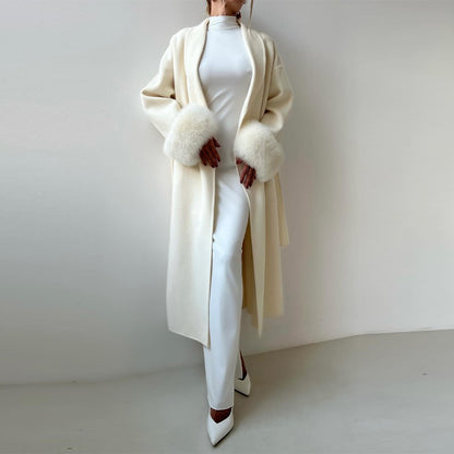 Elegant Faux Fur Cuffs Woolen Coat With Belt For Women Fashion Lapel Long Sleeve Lace Up Maxi Jacket Lady 2025 Autumn Outerwear