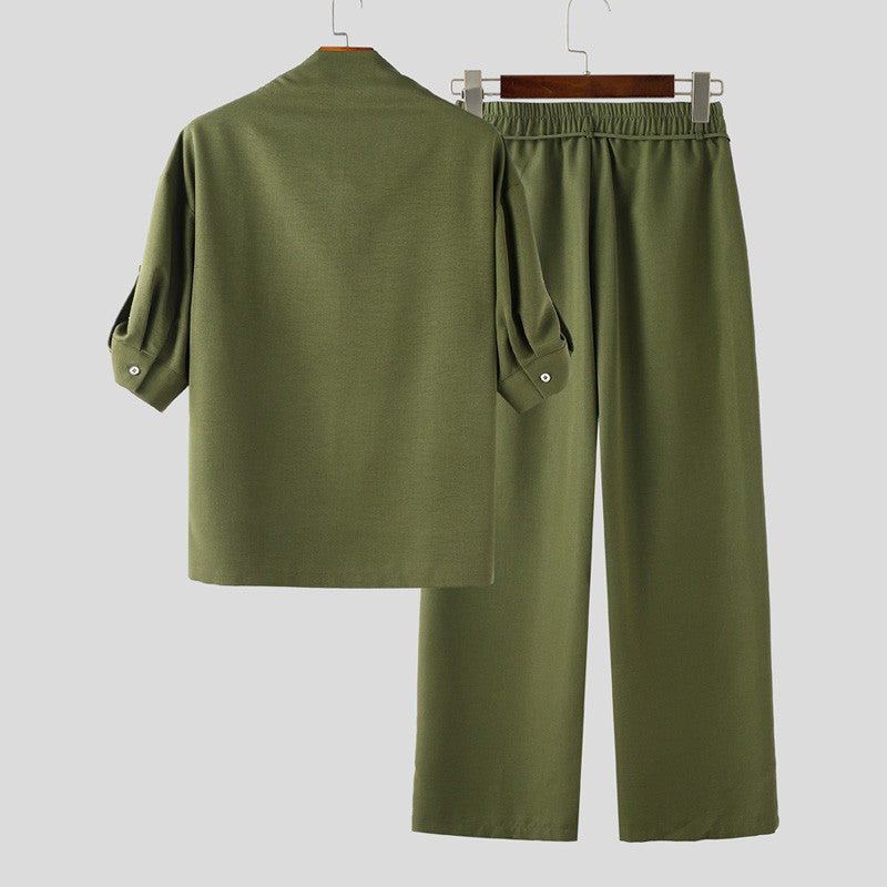 INCERUN Men Sets Solid Color Pleated Shirt & Pants Two Pieces Sets Loose Streetwear 2025 Fashion Men's Casual Suits S-5XL