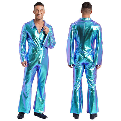 Men Bell Bottom Pants Jumpsuit Rompers Vintage 80s Disco Hippie Costume for Rock Jazz Dancewear Musical Theme Party Dress-up